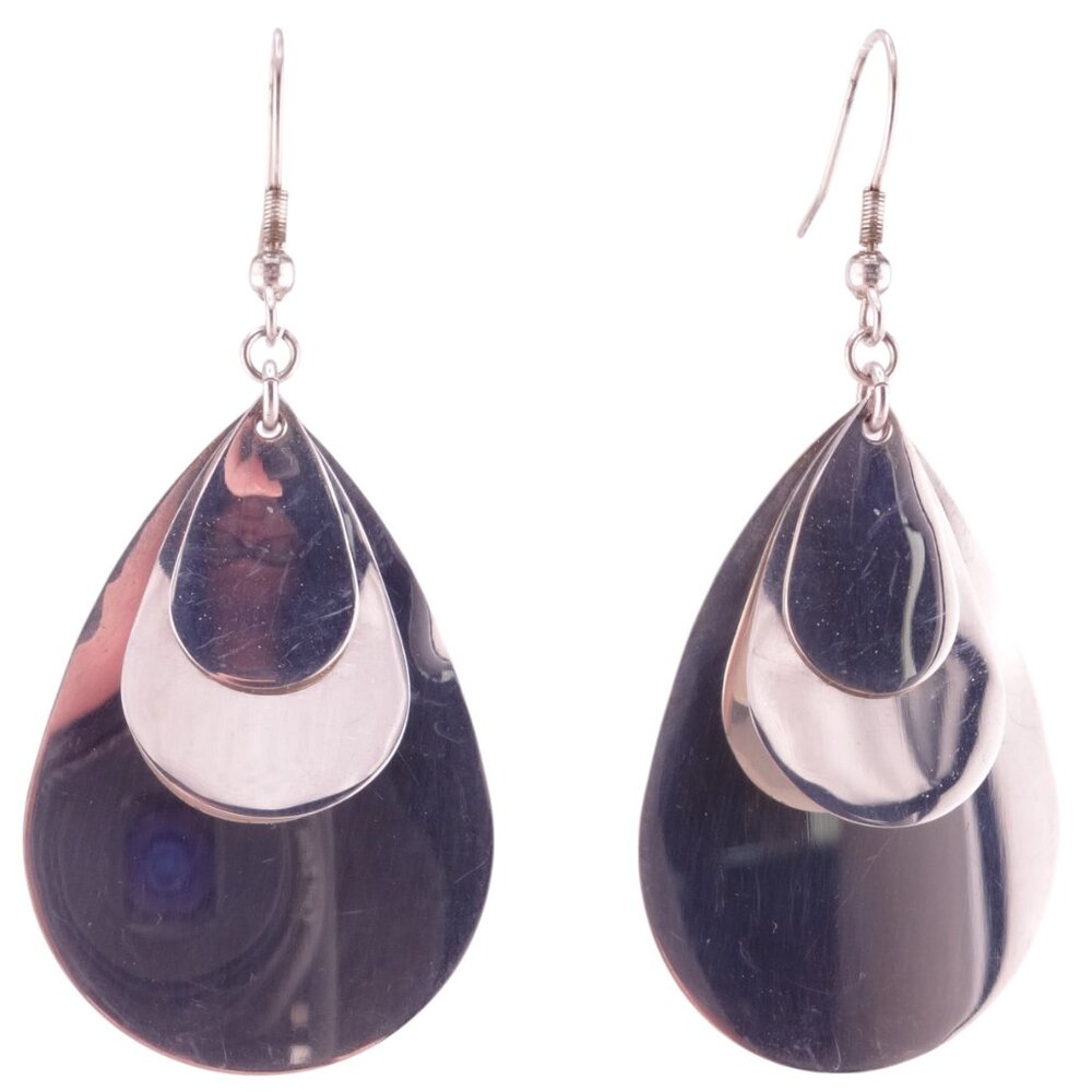 Triple Teardrop Silvertone Layered Drop Dangle Hook Earrings NWOT